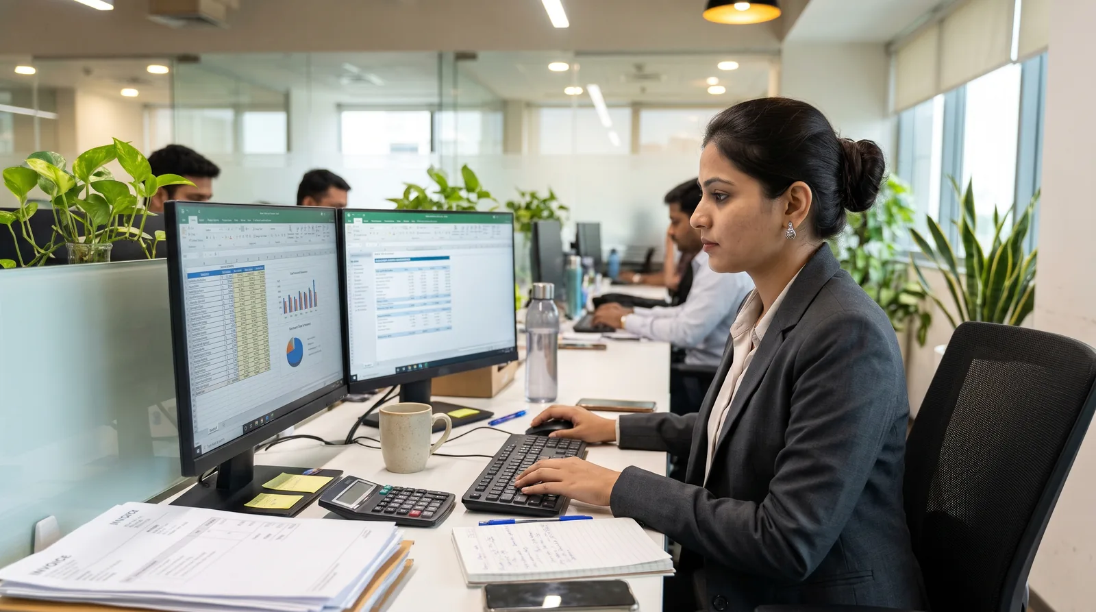A finance professional reviewing invoices and spreadsheets at a desk in a busy office