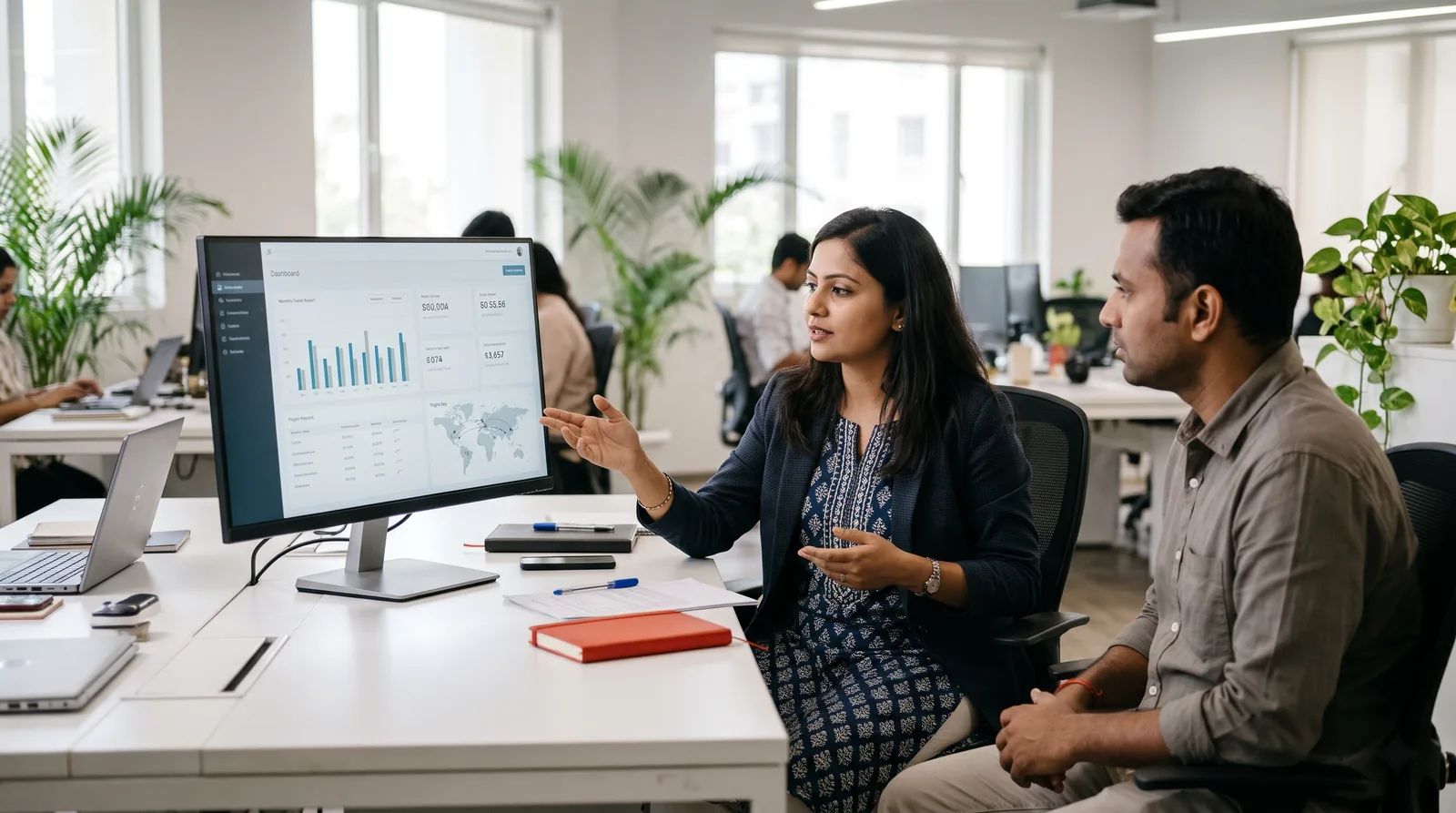 A travel account manager walking a colleague through a monthly travel report dashboard
