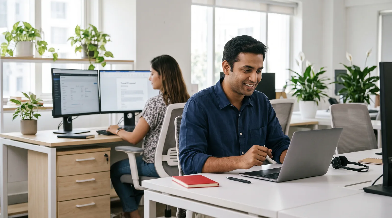 A travel sales manager on a client call while a colleague prepares a travel proposal